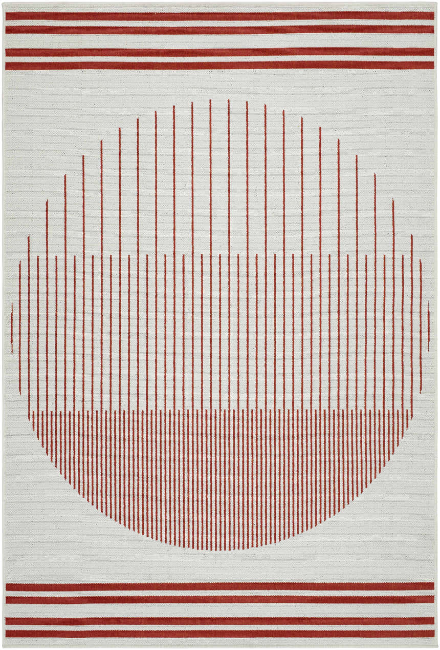 Close-up of Nabil Cream Area Rug featuring an orange striped and semi-circle design on a cream polypropylene base. Design-Rectangle-5377
