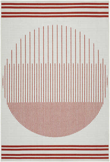 Close-up of Nabil Cream Area Rug featuring an orange striped and semi-circle design on a cream polypropylene base. Design-Rectangle-5377