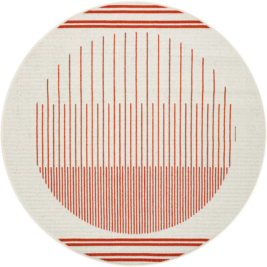 Close-up of a round Nabil Cream Area Rug with a cream background and orange vertical line pattern. Design-Round-53