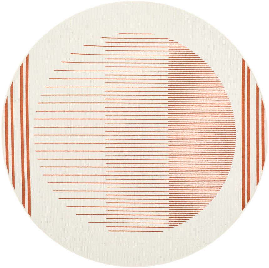 Close-up of a round Nabil Cream Area Rug with a contemporary orange linear circle design. Design-Round-73