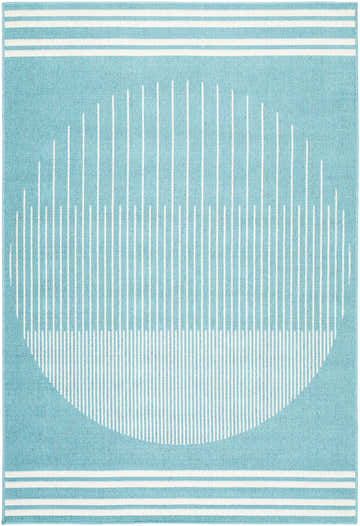 Close-up of Nabil Aqua Area Rug featuring a linear sunburst design in white against an aqua blue background. Design-Rectangle-5377