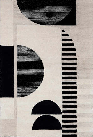Close-up of the Brooklyn Modern rug. Hand-tufted wool rug with black geometric shapes on a cream and beige background. Design-Rectangle