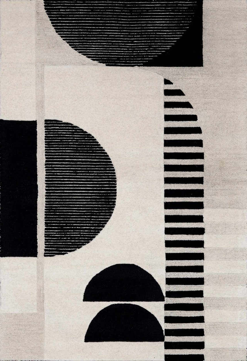 Close-up of the Brooklyn Modern rug. Hand-tufted wool rug with black geometric shapes on a cream and beige background. Design-Rectangle