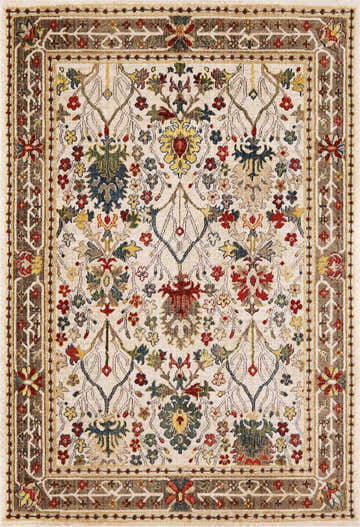 Detailed Neola White/Brown Oushak Rug. Features a traditional floral pattern with brick red, navy, and yellow accents. Design-Rectangle