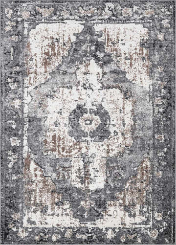 Close-up of the Newalla Area Rug showing its traditional, distressed pattern in camel, charcoal, gray, and ivory tones. Design-Rectangle