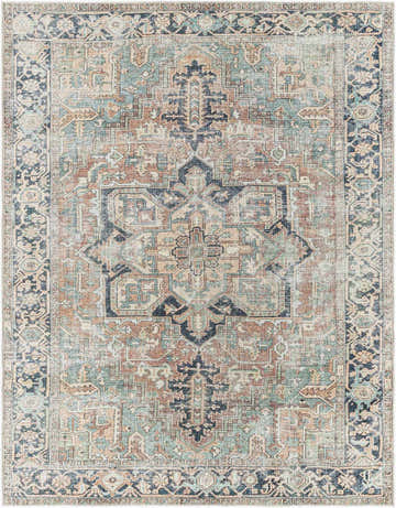 Close-up of the Green Nisa Tumble Dry Washable Rug. Features a traditional Persian design with brick red, navy, and seafoam colors. Design-Rectangle