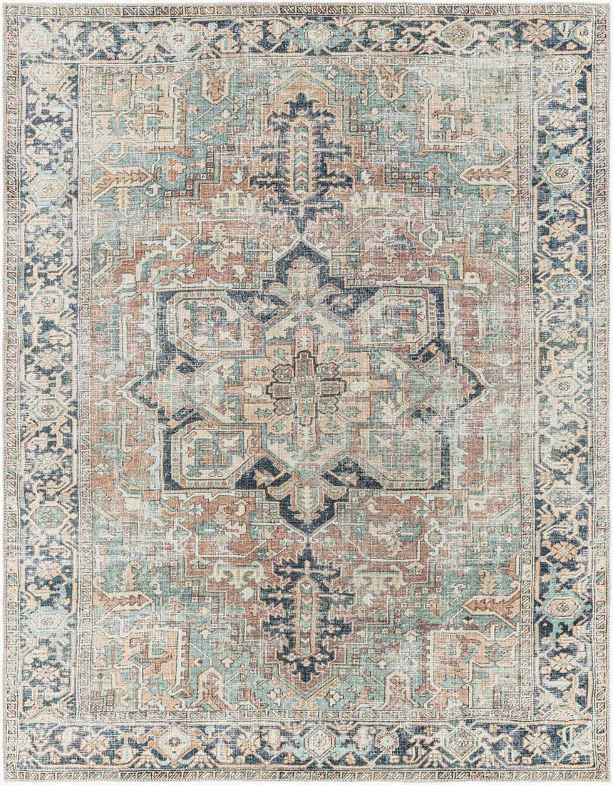 Close-up of the Green Nisa Tumble Dry Washable Rug. Features a traditional Persian design with brick red, navy, and seafoam colors. Design-Rectangle