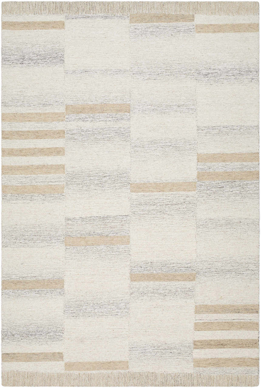 Close-up of Max Handmade Becki Owens x LIVABLISS BOMX-2300 Area Rug. Cream, tan, and taupe wool rug with a geometric block pattern. Design-Rectangle-576