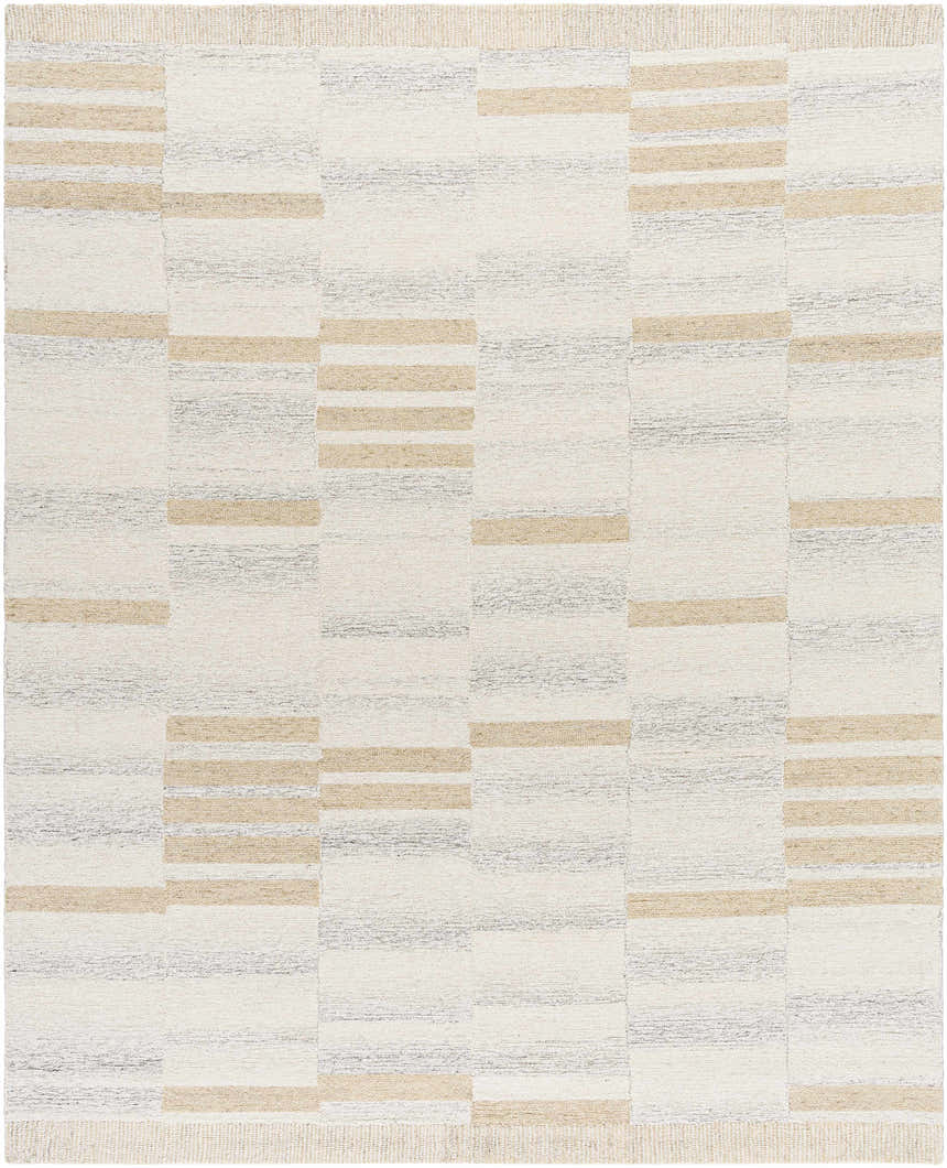 Close up of Max Handmade Becki Owens x LIVABLISS BOMX-2300 Area Rug. Cream, tan, and ivory geometric pattern. Hand-tufted wool. Design-Rectangle-810