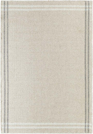 Close-up of the hand-woven Nimue Light Beige Area Rug. Features black and ivory stripes on a light beige wool texture. Design-Rectangle-576
