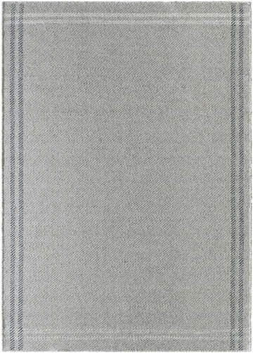 Close-up of the hand-woven Nimue Ivory Area Rug, featuring a subtle herringbone pattern and black border stripes. Design-Rectangle-576