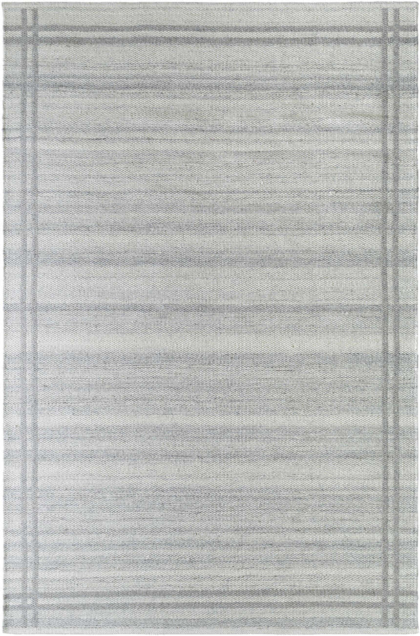 Close-up of the hand-woven Nimue Gray Area Rug. Wool rug with gray stripes and border, farmhouse style. Design-Rectangle-69