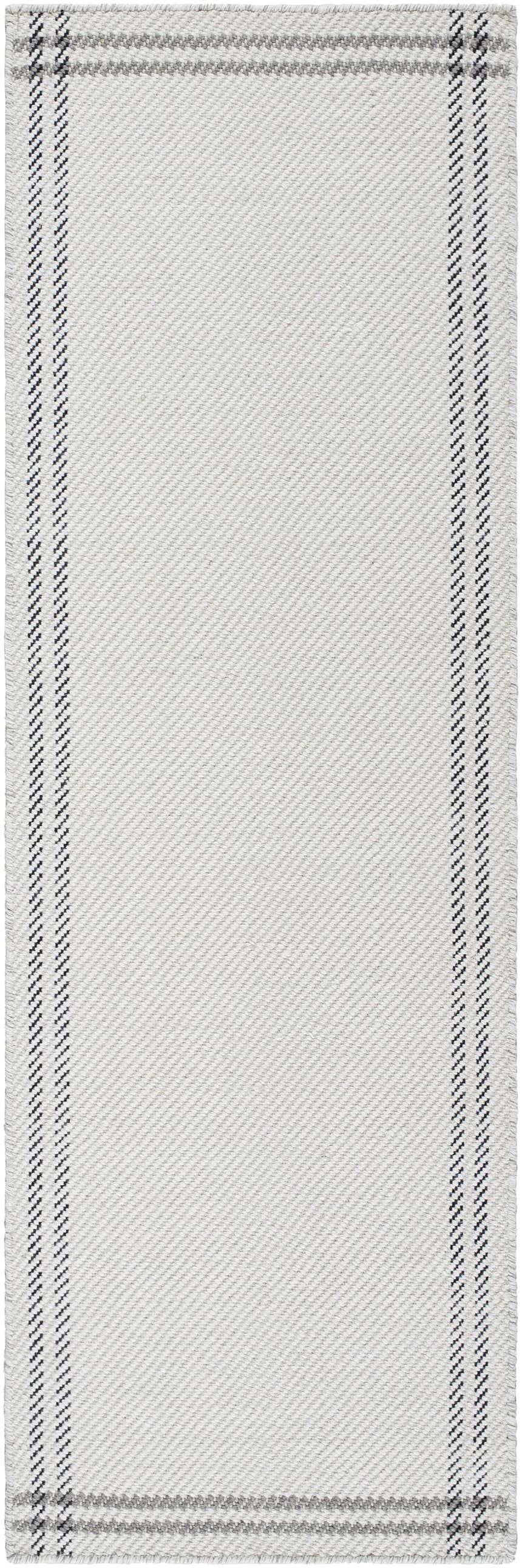 Close-up of the hand woven Nimue Cream & Charcoal Bordered Area Rug, showing the wool texture and striped border detail. Design-Runner-268