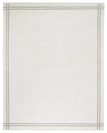 Close-up of the hand woven Nimue Taupe Area Rug, featuring an off white base and ash-colored border. Design-Rectangle