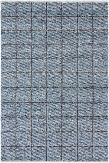 Close-up of the hand woven Ayinde Area Rug. Slate blue recycled PET yarn with a contemporary grid pattern. Design-Rectangle-576