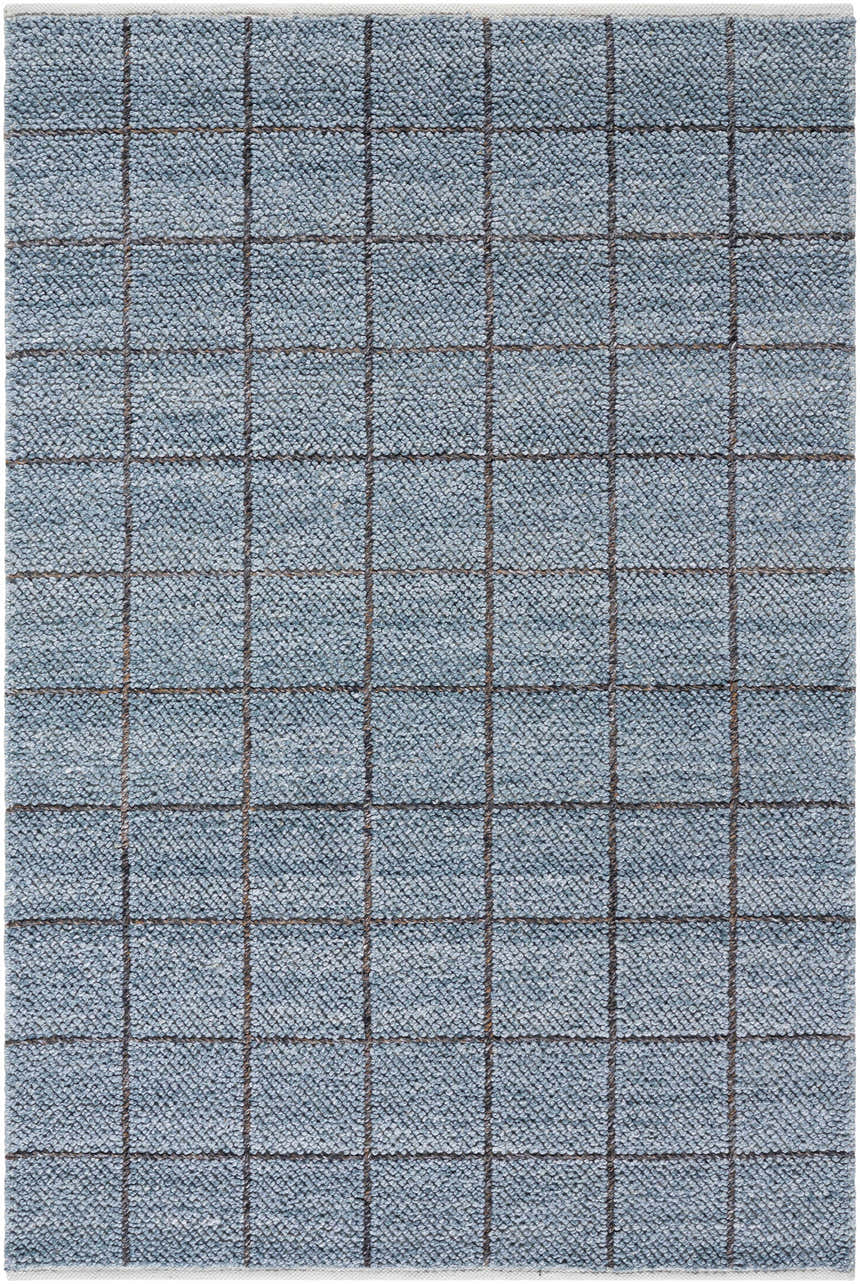 Close-up of the hand woven Ayinde Area Rug. Slate blue recycled PET yarn with a contemporary grid pattern. Design-Rectangle-576