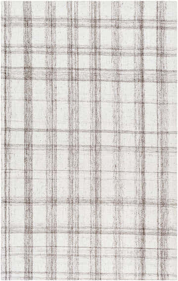 Close-up of Becki Owens Sammy Brown Plaid Area Rug, featuring a light gray and tan farmhouse style plaid pattern. Design-Rectangle-576