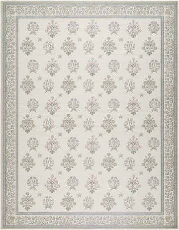 Close-up of the Aquene Ivory Washable Area Rug featuring a floral bouquet pattern and a decorative border. Design-Rectangle-710102