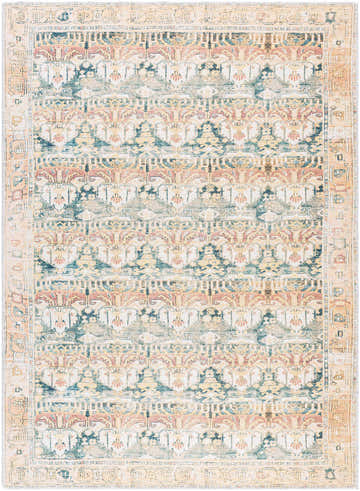 Akello Washable Area Rug with a traditional pattern in camel, cream, rust, tan, and green hues. Machine woven polyester rug. Design-Rectangle-5373