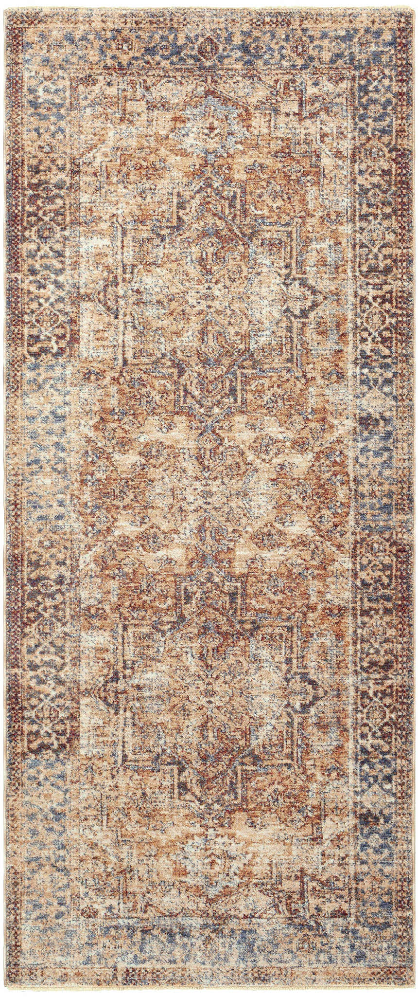 Close-up of the Onley Area Rug, a machine-woven runner with a traditional, vintage-inspired design in denim, gold, and beige. Design-Runner-3310