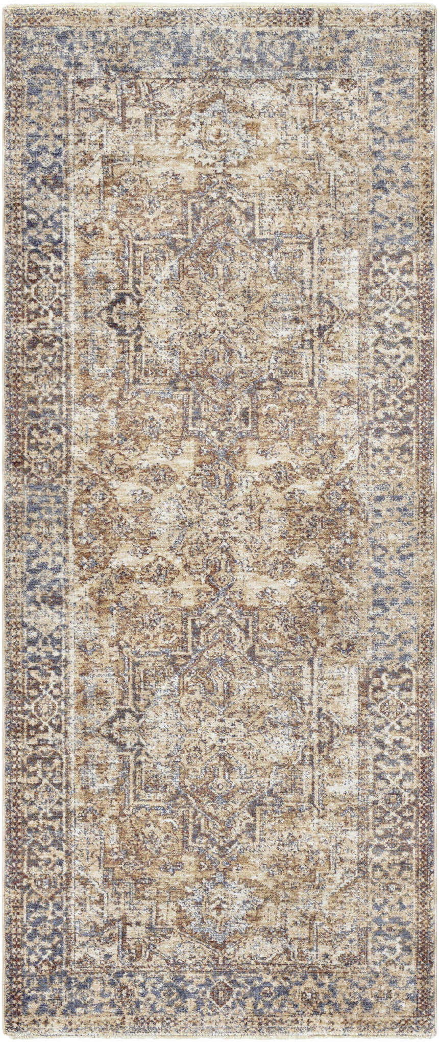 Close-up of the Onley Area Rug in denim, gold and beige. Machine woven polyester with a traditional, vintage-inspired pattern. Design-Runner-338
