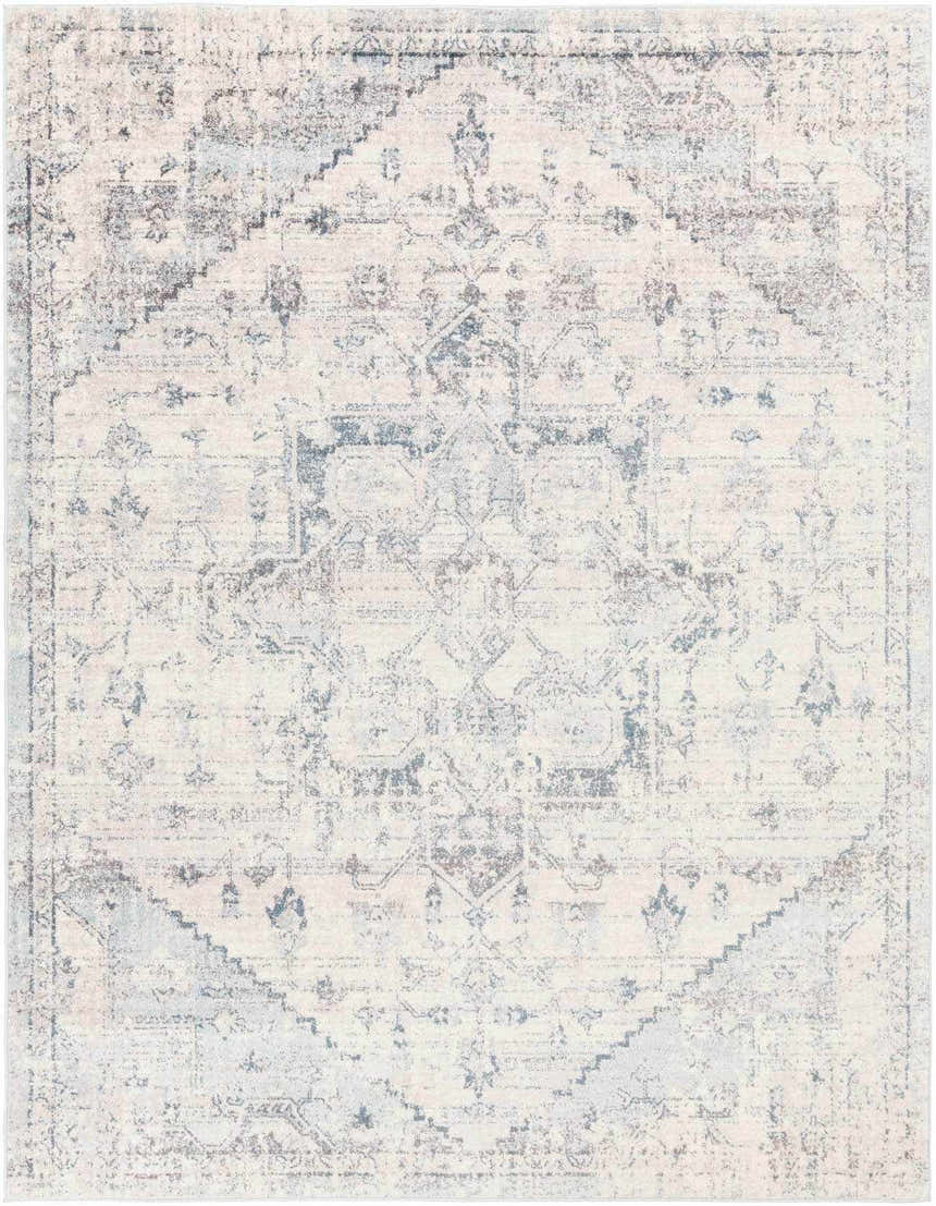 Close-up of the Orrick Area Rug, a machine-woven rug in cream, blue, and brown with a traditional, distressed oriental pattern. Design-Rectangle