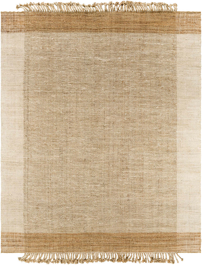 Close-up of the Outaouais Jute Rug. Hand-woven rug in light brown, natural jute, and tan with fringe. Contemporary farmhouse style. Design-Rectangle-810