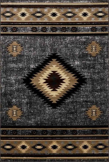 Close-up of the Buckhaven Area Rug. Southwestern design in black, charcoal, beige, and brown. Polypropylene, machine woven texture. Design-Rectangle