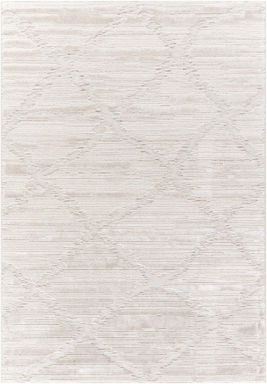 Close-up of the Akilah Area Rug. Cream, ivory, light gray, and white tones with a subtle geometric pattern. Design-Rectangle-537