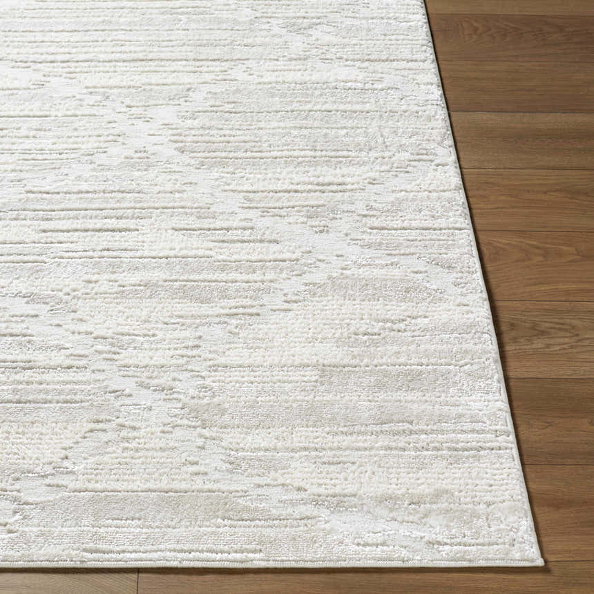 Close-up of the Akilah Area Rug featuring a cream and ivory contemporary design and soft, textured pile on wood floor. Front
