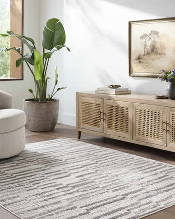 Living room scene with ivory Alaric Area Rug, light wood cabinet, potted plant, and neutral armchair. Roomscene-Rectangle