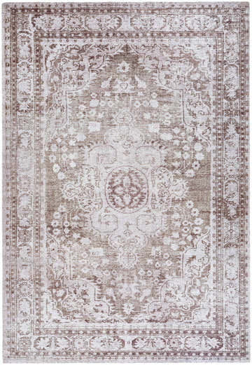Close-up of the Aninda Area Rug. Traditional design in dusty rose, ivory, sepia, and taupe. Hand-tufted polyester rug. Design-Rectangle-576
