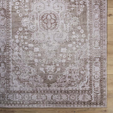 Close-up of the Aninda Area Rug. Hand-tufted polyester rug in dusty rose, ivory, sepia, and taupe with traditional floral pattern. Swatch