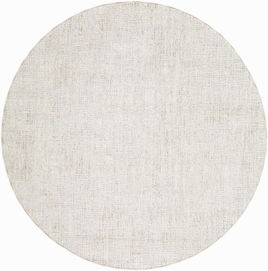Close-up of round Axelia Charcoal Area Rug. Cream and tan textured Southwestern design. Machine woven polyester. Design-Round-53