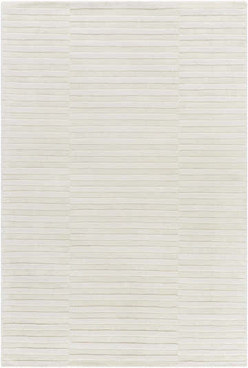 Close-up of the Aelius Rug. Hand-loomed, 100% wool rug in ash and light silver with a contemporary stripe design. Design-Rectangle-576