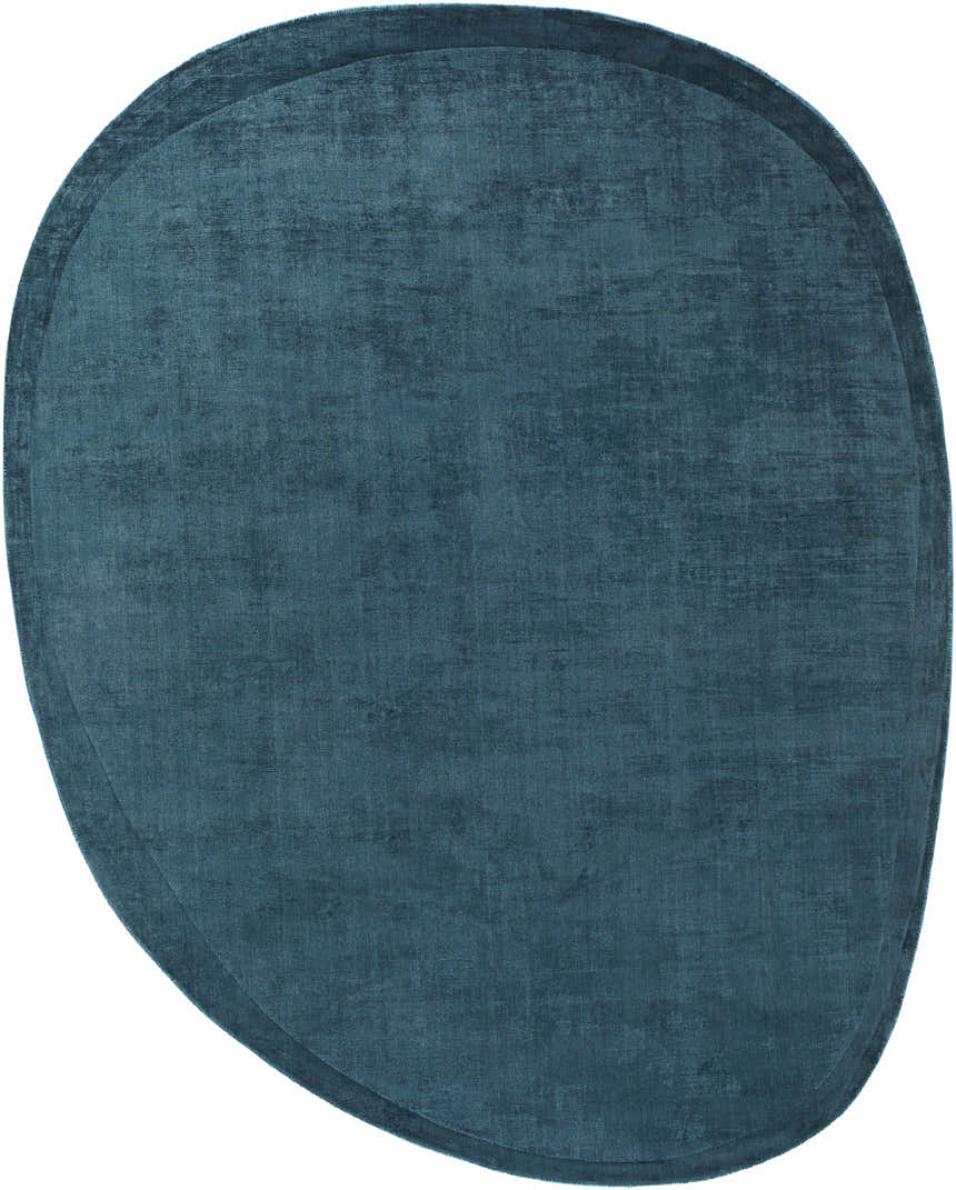 Close-up of the teal blue Anjang Modern Faux Silk Rug, showing its soft texture and unique, rounded rectangular shape. Design-Custom