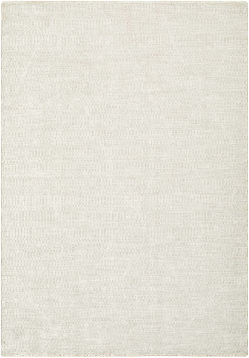 Close-up of the Pabla Cream Area Rug. Ivory and pearl tones with a subtle, textured farmhouse design. Design-Rectangle-6796