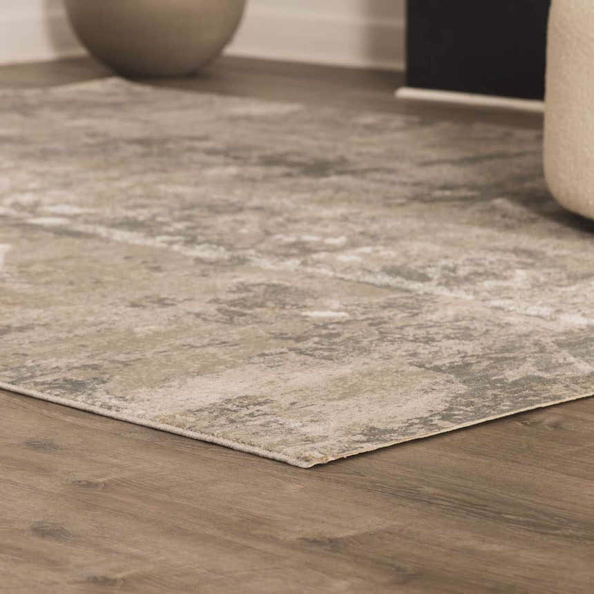 Close-up of the Pialba Thick Luxe Abstract Smokey Rug showing its smoky, neutral tones and abstract pattern. Swatch
