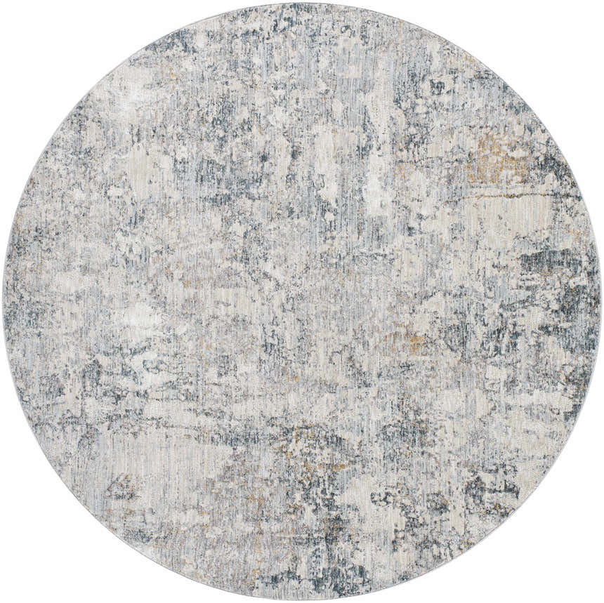 Round Pinjarra Luxe Rug with a contemporary abstract pattern in charcoal, cream, gray, and pale blue hues. Design-Round-67