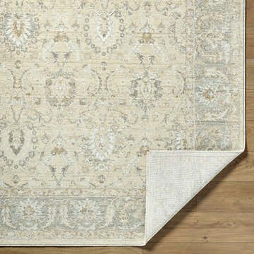 Close-up of Airlia Beige Thick Luxe Area Rug showing traditional floral pattern and construction. Fold