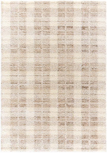 Close-up of the Anfisa Cream Luxe Shag Area Rug. Cream and tan geometric pattern, soft polyester texture. Design-Rectangle-537