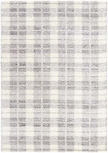 Close-up of the Anfisa Tan Luxe Shag Area Rug. Cream, light gray, and tan shag rug with a subtle plaid pattern. Design-Rectangle-537