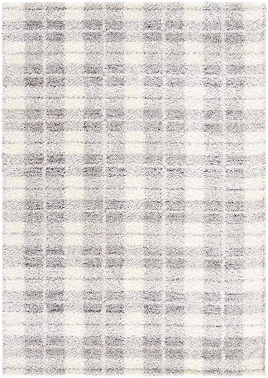 Close-up of the Anfisa Tan Luxe Shag Area Rug. Cream, light gray, and tan shag rug with a subtle plaid pattern. Design-Rectangle-537