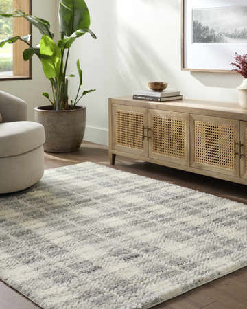 Living room scene with a tan media console, swivel chair, and Anfisa Tan Luxe Shag Area Rug. Roomscene-Rectangle