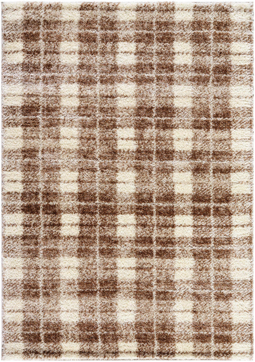 Close-up of the Anfisa Beige Luxe Shag Area Rug, featuring a soft cream and tan plaid pattern and a plush, shag texture. Design-Rectangle-537