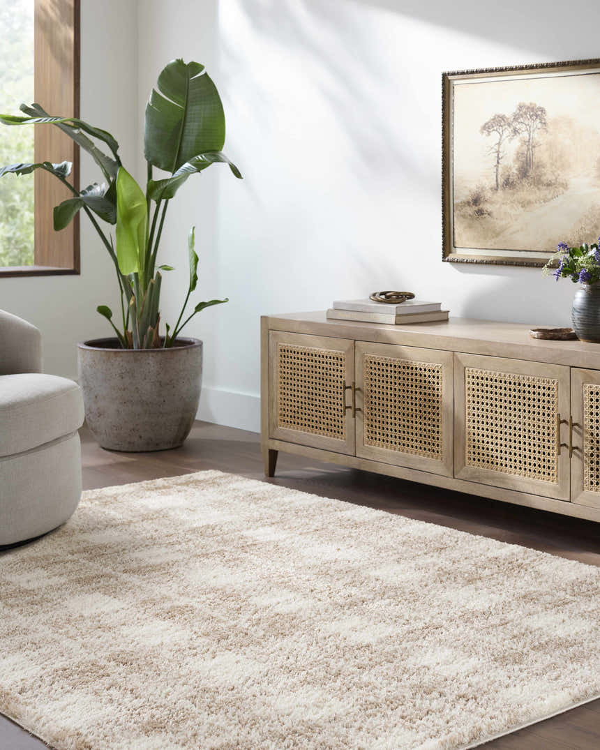 Living room scene with neutral decor and Anfisa Beige Luxe Shag Area Rug, light wood cabinet, and large potted plant. Roomscene-Rectangle