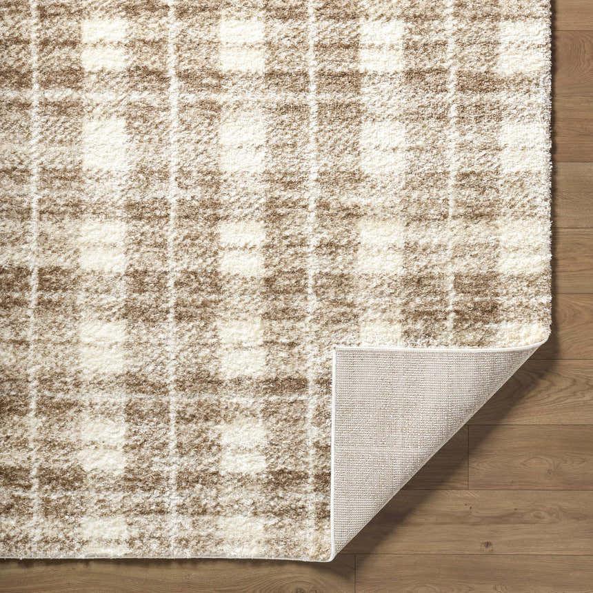 Close-up of Anfisa Beige Luxe Shag Area Rug showing its cream and tan plaid pattern and soft, plush texture. Fold