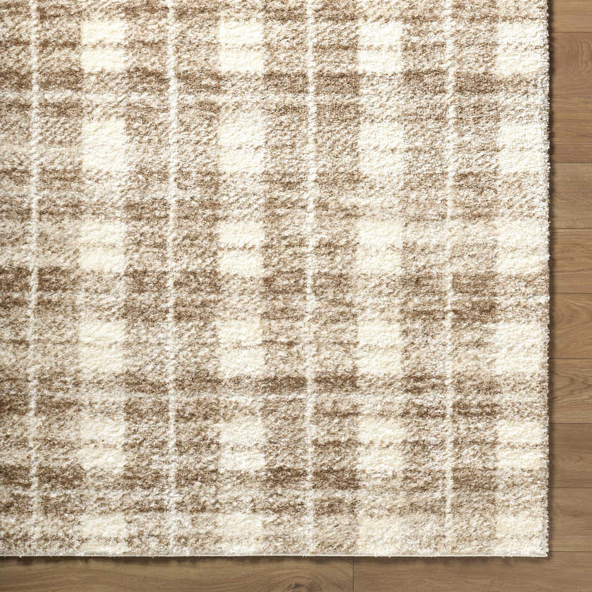 Close up of Anfisa Beige Luxe Shag Area Rug showing cream and tan plaid pattern and soft, plush texture on wood floor. Corner