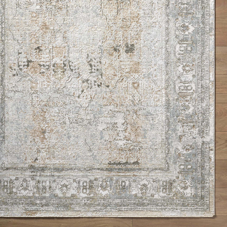 Close-up of Pryce Sage Thick Luxe Area Rug showing traditional design, charcoal, cream, brown, and gray colors. Corner