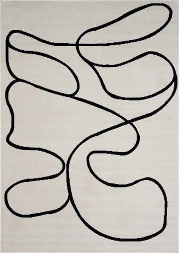 Close-up of the Eilir Modern Low Profile Boho Rug. Bone rug with a bold, abstract black line design. Design-Rectangle